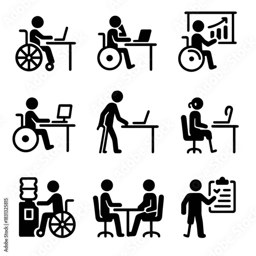 A comprehensive collection of black silhouette icons illustrating people with various disabilities and different mobility aids working in a corporate or office environment.