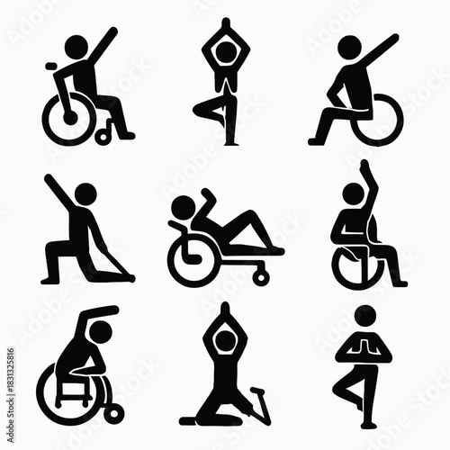 A collection of black silhouette icons depicting people with disabilities practicing yoga, stretching, and various adaptive fitness exercises.