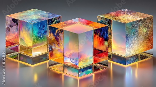 Three glass cubes with colorful abstract designs on a reflective surface.