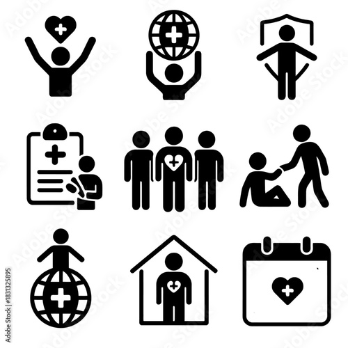 A comprehensive collection of outline (line art) icons centered around the theme of Universal Health Coverage (UHC) and healthcare access.
