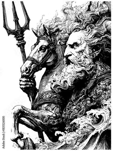 Vintage Engraving of Poseidon with Horse and Trident — Mythology Ocean God Illustration, Retro Etching Art