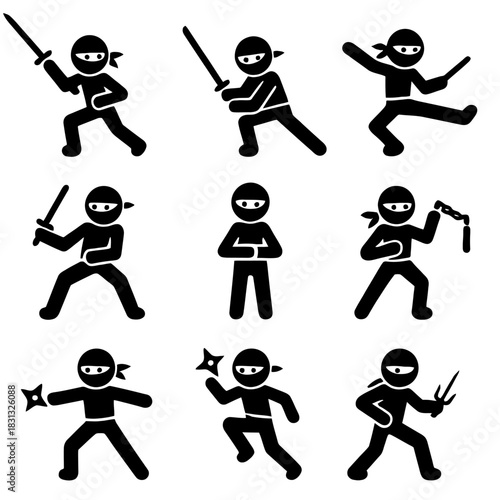 A comprehensive collection of black silhouette icons illustrating traditional Japanese Ninja (Shinobi) warriors.