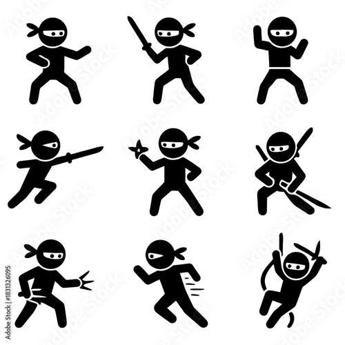 A comprehensive collection of black silhouette icons illustrating traditional Japanese Ninja (Shinobi) warriors.