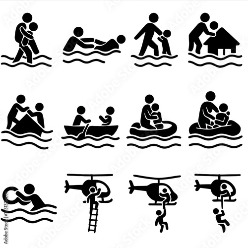 A critical collection of black silhouette and multi-colored icons illustrating people being rescued during a major flood or natural disaster.