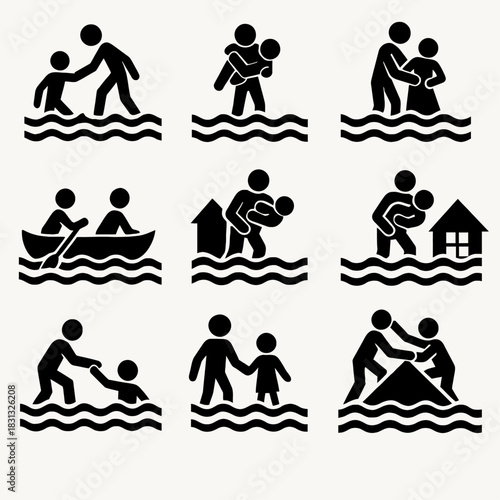 A critical collection of black silhouette and multi-colored icons illustrating people being rescued during a major flood or natural disaster.