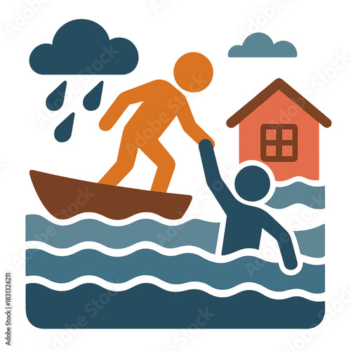 A critical collection of black silhouette and multi-colored icons illustrating people being rescued during a major flood or natural disaster.