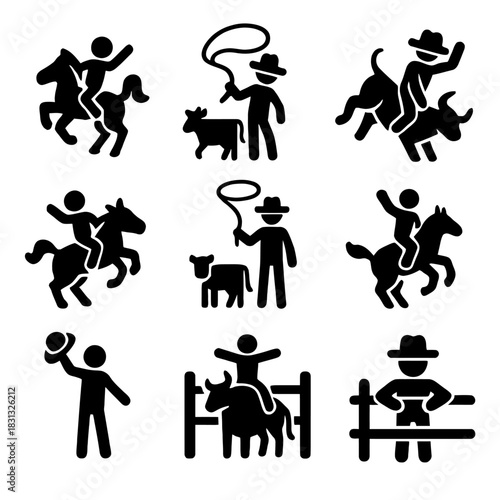 A dynamic collection of black silhouette icons illustrating popular events and figures from a classic American rodeo show.