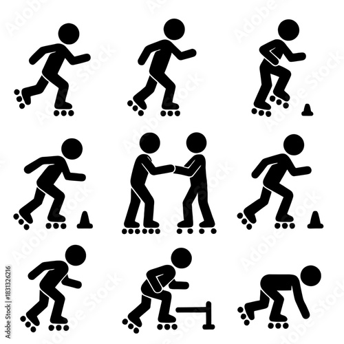 A diverse collection of black silhouette and multi-colored icons depicting people performing various activities and tricks related to roller skating and inline blading.