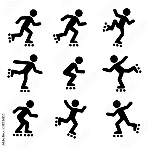 A diverse collection of black silhouette and multi-colored icons depicting people performing various activities and tricks related to roller skating and inline blading.