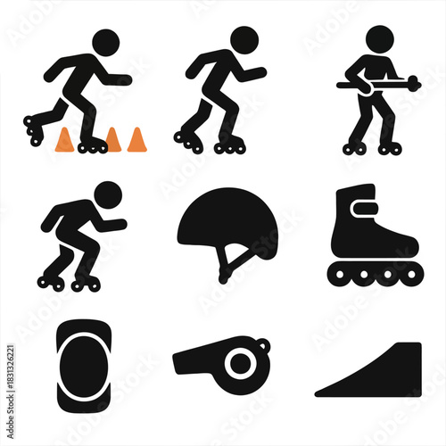 A diverse collection of black silhouette and multi-colored icons depicting people performing various activities and tricks related to roller skating and inline blading.