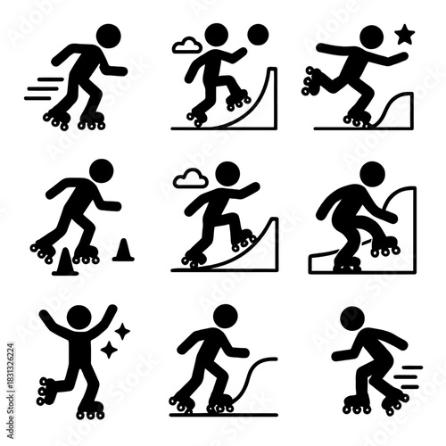 A diverse collection of black silhouette and multi-colored icons depicting people performing various activities and tricks related to roller skating and inline blading.