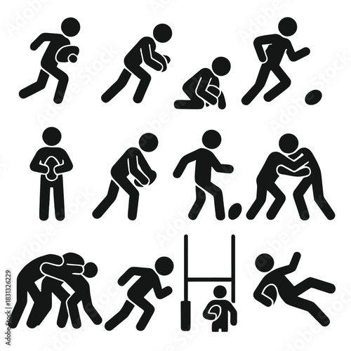 A comprehensive collection of black silhouette icons depicting male rugby players in various actions from the game.