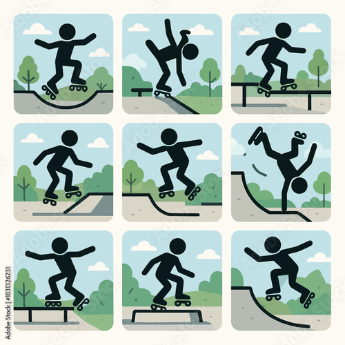 A diverse collection of black silhouette and multi-colored icons depicting people performing various activities and tricks related to roller skating and inline blading.