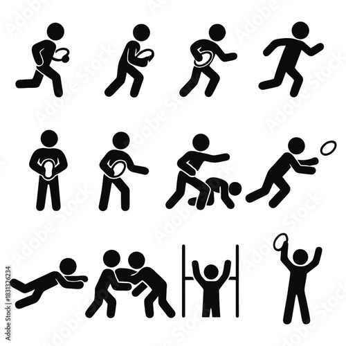 A comprehensive collection of black silhouette icons depicting male rugby players in various actions from the game.