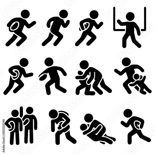 A comprehensive collection of black silhouette icons depicting male rugby players in various actions from the game.