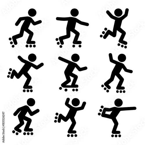 A diverse collection of black silhouette and multi-colored icons depicting people performing various activities and tricks related to roller skating and inline blading.