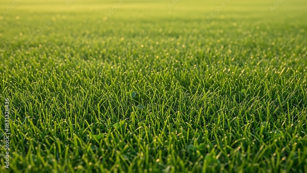Obraz premium Close Up of Lush Green Grass Field in Golden Hour Sunlight