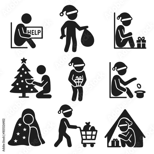 A collection of black silhouette icons depicting themes of poverty, homelessness, charity, and need during the Christmas and holiday season.