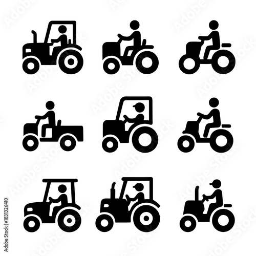 Farmer Driving Tractor Agriculture and Farming Icons Set