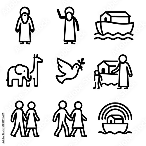 A collection of religious and biblical icons illustrating the story of Noah's Ark, featuring various scenes and characters.