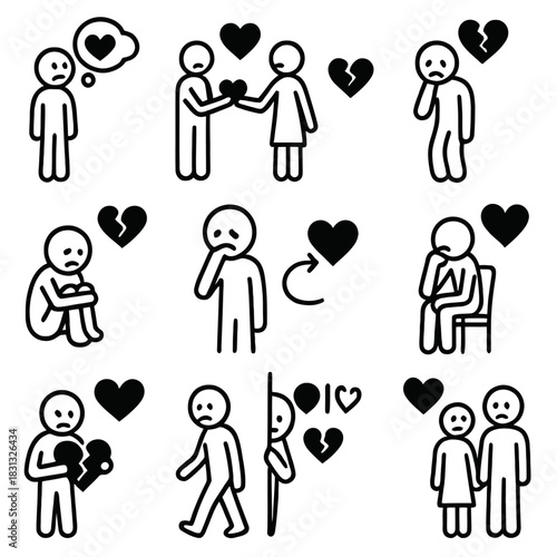 Unrequited Love Broken Heart and Rejection Icons Set