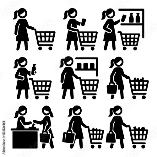 A collection of black silhouette and outline icons depicting women engaged in various grocery shopping activities.