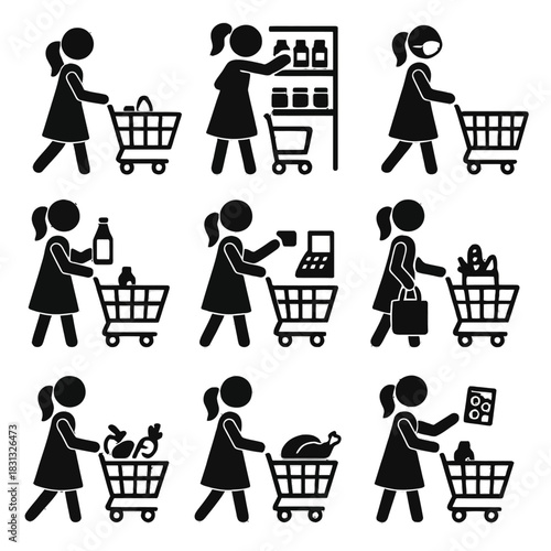 A collection of black silhouette and outline icons depicting women engaged in various grocery shopping activities.