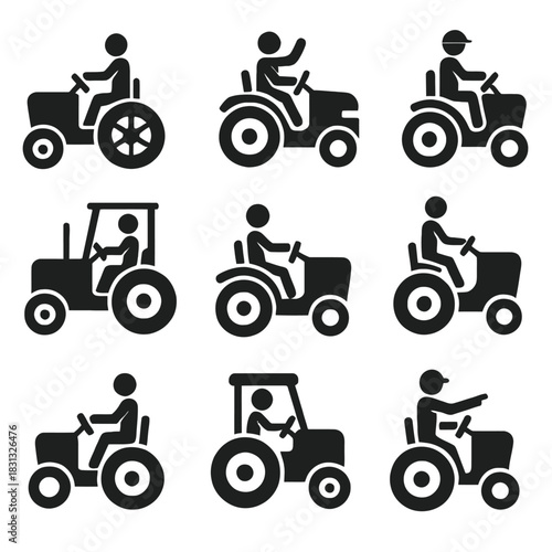 Farmer Driving Tractor Agriculture and Farming Icons Set