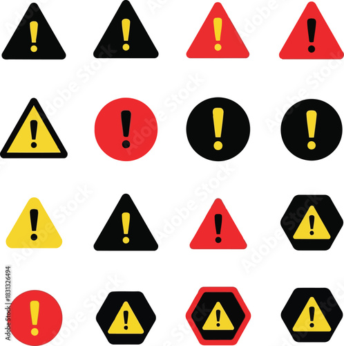 Collection of diverse exclamation mark warning signs and alert symbols for safety and danger icons vector