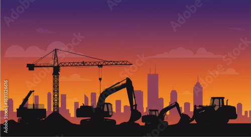 Construction Site Silhouette at Sunset with Crane and Heavy Machinery.