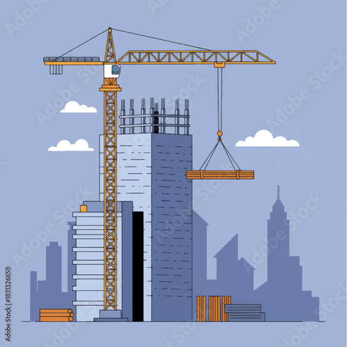 Construction site with crane building a tall skyscraper in progress.