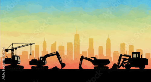 Construction site with heavy machinery and city skyline silhouette.