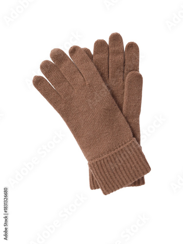 Soft brown knitted gloves for hands, isolated on a clean white background, winter accessory. isolated on transparent background