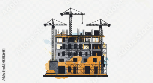 Construction site with multiple cranes and building in progress.