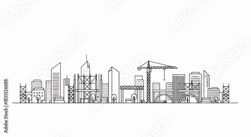 Detailed Skyline Illustration of a Modern City with Construction Crane.