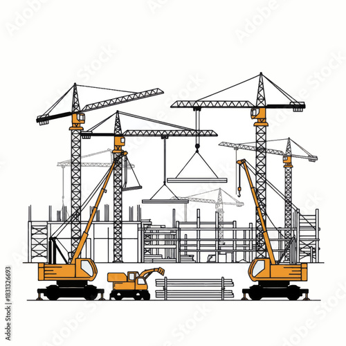 Construction site with multiple cranes and building structures in progress.