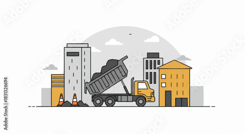 Dump Truck Discharging Debris at a Construction Site.
