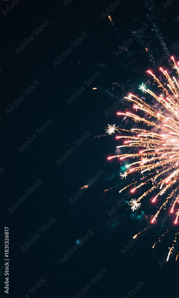Fototapeta premium A dark night sky with bright fireworks exploding on one side, leaving clean copy space for text.
