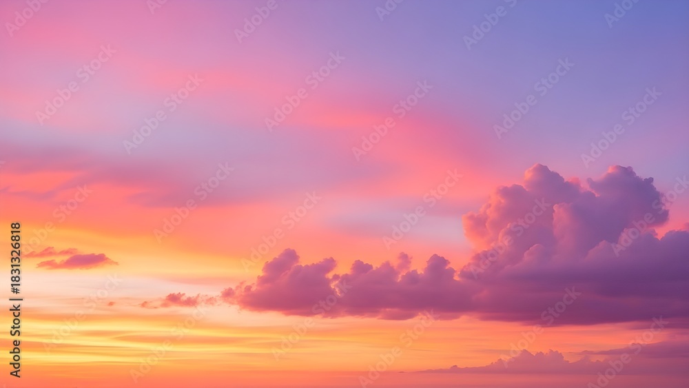 Fototapeta premium Colorful sunset sky background with soft cloud shapes, smooth gradient blend of warm orange, pink, and lavender, abstract nature glow.