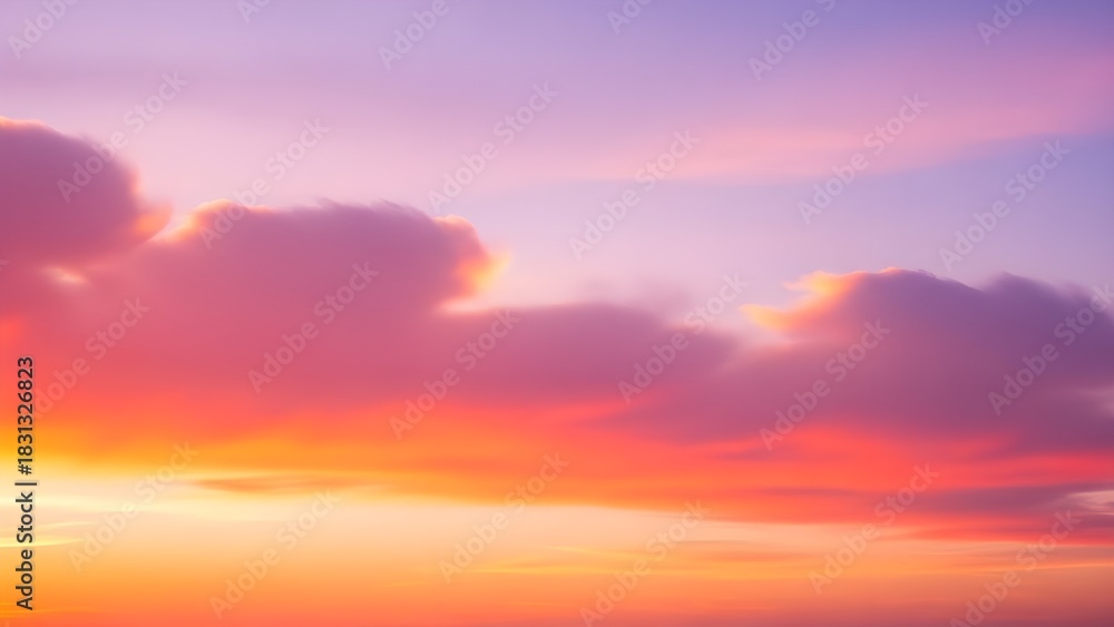 Fototapeta premium Colorful sunset sky background with soft cloud shapes, smooth gradient blend of warm orange, pink, and lavender, abstract nature glow.1