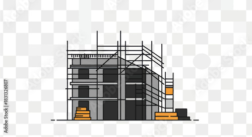Vector illustration of a building under construction with scaffolding.