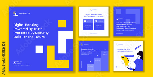 Digital Banking Security Flat Cartoon Templates for a Social Media Post Background Illustration