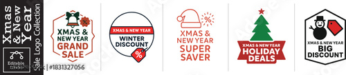 Grab attention with festive Christmas and New Year sale logos, perfect for holiday marketing and promotions to boost sales and attract customers now