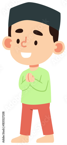 cute Muslim children cartoon illustrations in prayer and Islamic activities