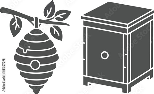 Natural beehive and traditional hive vector graphics for apiary and beekeeping promotion vector