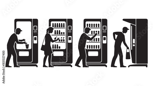 Silhouetted people using vending machines vector illustration of customers buying snacks and drinks isolated on white background