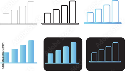 Minimalist vector set of signal strength bar graph icons in blue gradient and outline styles, perfect for data visualization, network indicators, and progress infographics