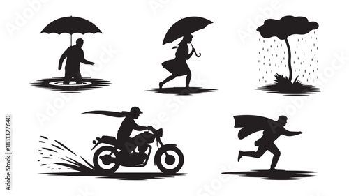 Set of silhouette weather condition icons including rain wind and flooding vector illustration for weather forecasts and safety awareness
