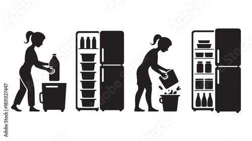 Set of vector icons showing a woman cleaning organizing and throwing away food from the refrigerator minimalist flat design isolated on white background