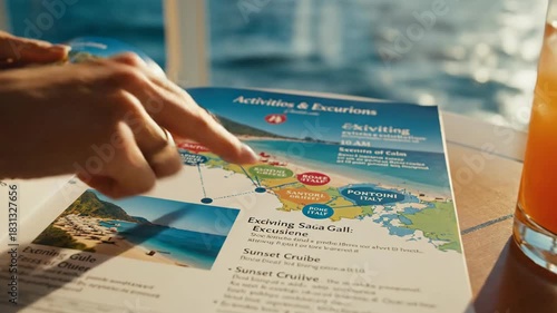 Person reading travel brochure with refreshing beverage on sunny day with ocean view